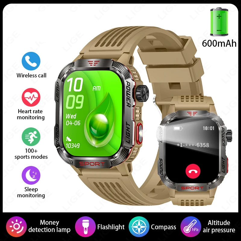 Military Outdoor Smart Watch for Men 600 mAh Battery Bluetooth Calling Fitness Tracker Blood Oxygen Monitor Waterproof Smartwatch for Android and iOS