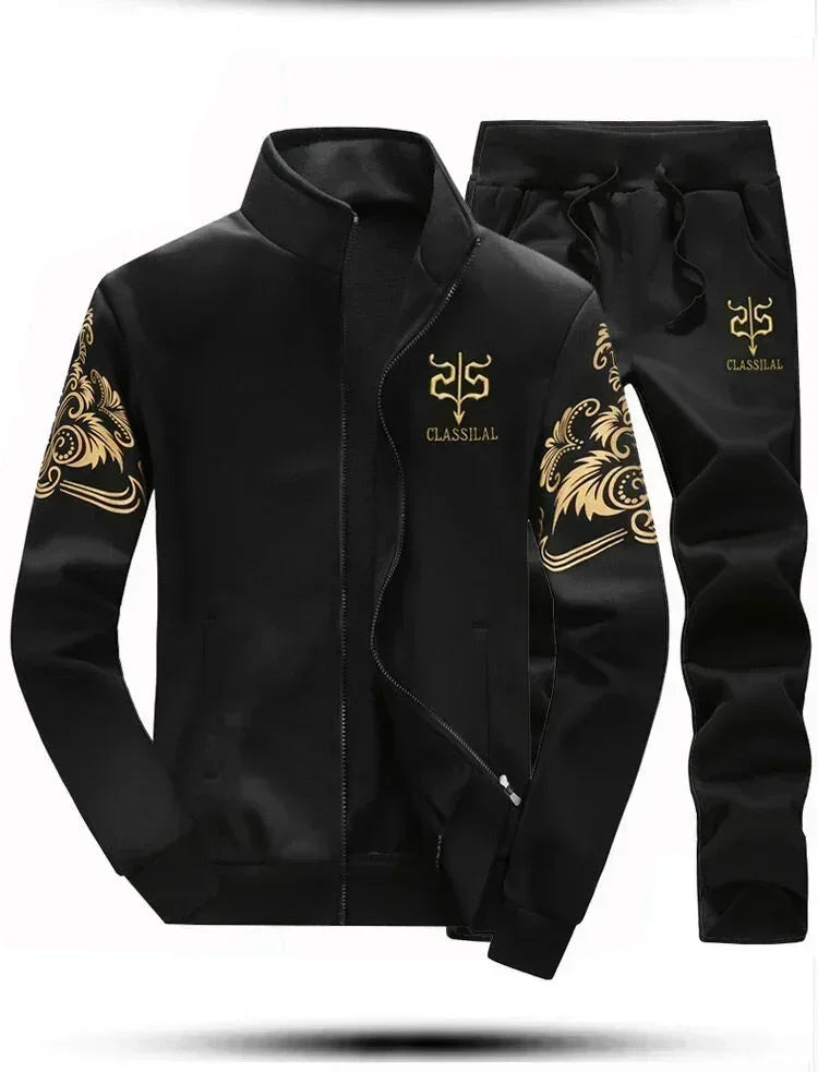 Mens Sports Suit Fleece Warm Jacket and Drawstring Pants Set Printed Fashion Tracksuit for Men
