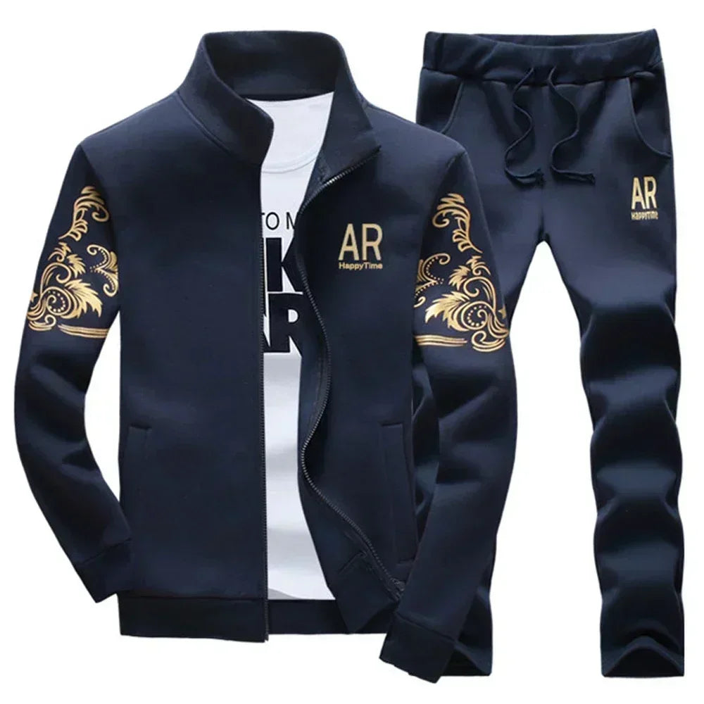 Mens Sports Suit Fleece Warm Jacket and Drawstring Pants Set Printed Fashion Tracksuit for Men