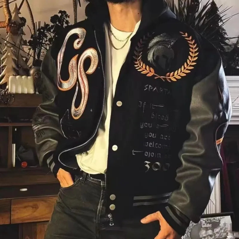 Varsity Jacket for Men PU Leather Sleeves Embroidered Baseball Jacket Streetwear College Style Outerwear