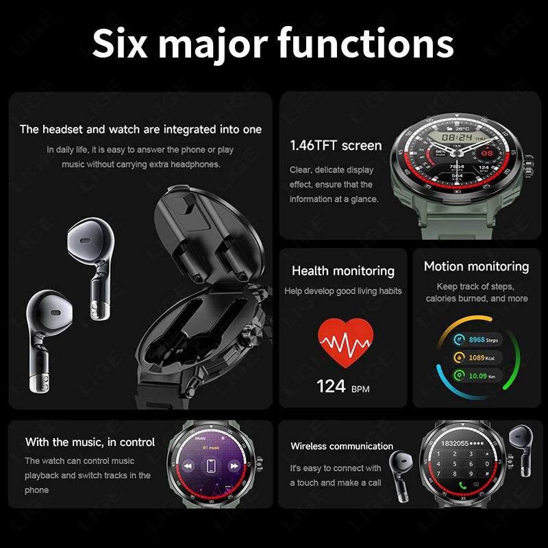 2 in 1 Smart Watch with Wireless Earbuds Bluetooth Calling NFC Health Monitor Fitness Tracker Smartwatch for Android and iOS