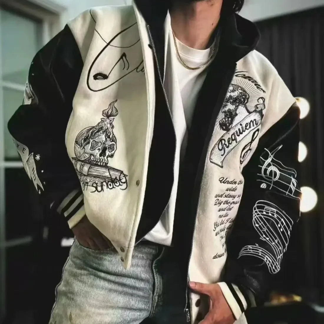 Varsity Jacket for Men PU Leather Sleeves Embroidered Baseball Jacket Streetwear College Style Outerwear