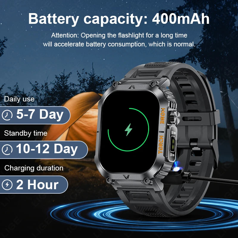 Rugged And Durable Military Smart Watch Ip68 Waterproof 2.02 ''HD Display Bluetooth Voice Smart Watch With Flashlight 2024 New