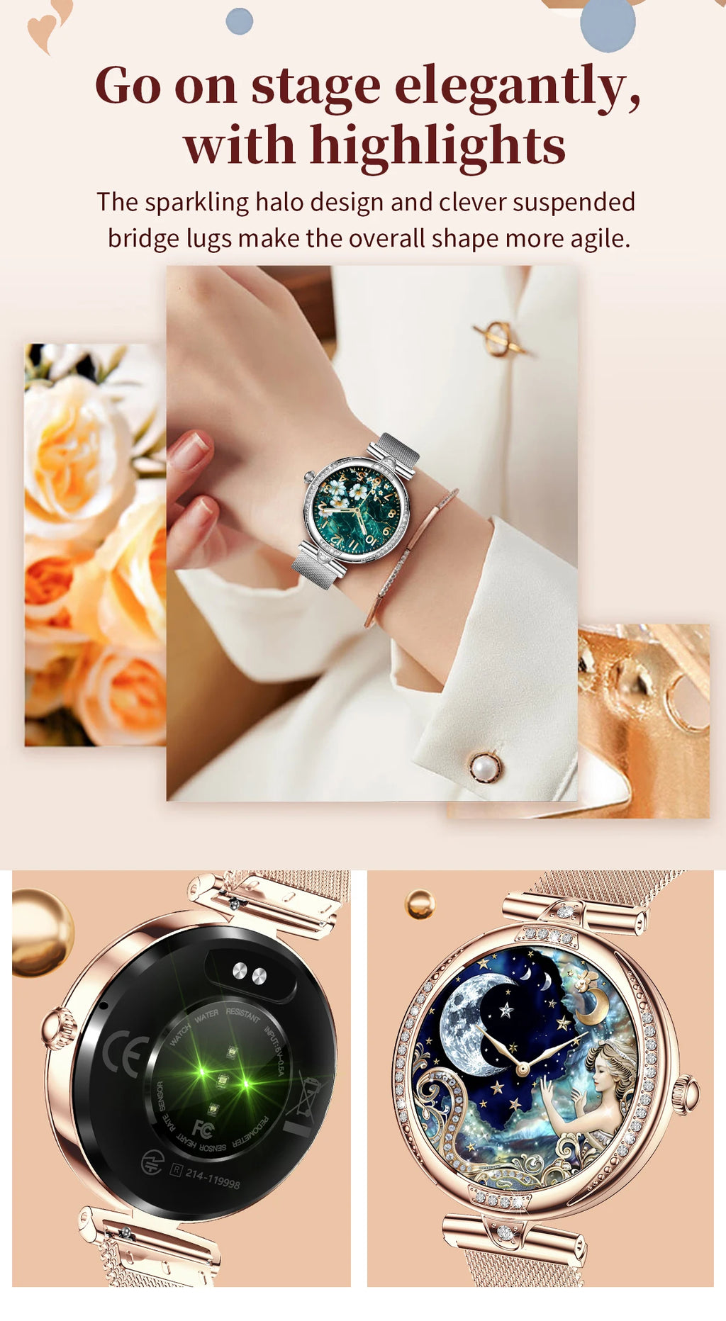 Fashion Smart Watch for Women 390 by 390 HD Display Bluetooth Voice Calling Heart Rate Monitor Custom Watch Face Smartwatch for Android and iOS