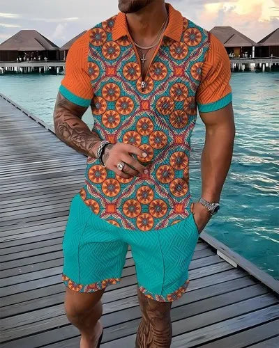 Men Tracksuit Set Summer Short Sleeve Polo Shirt and Shorts Set Casual Streetwear 2 Piece Outfit