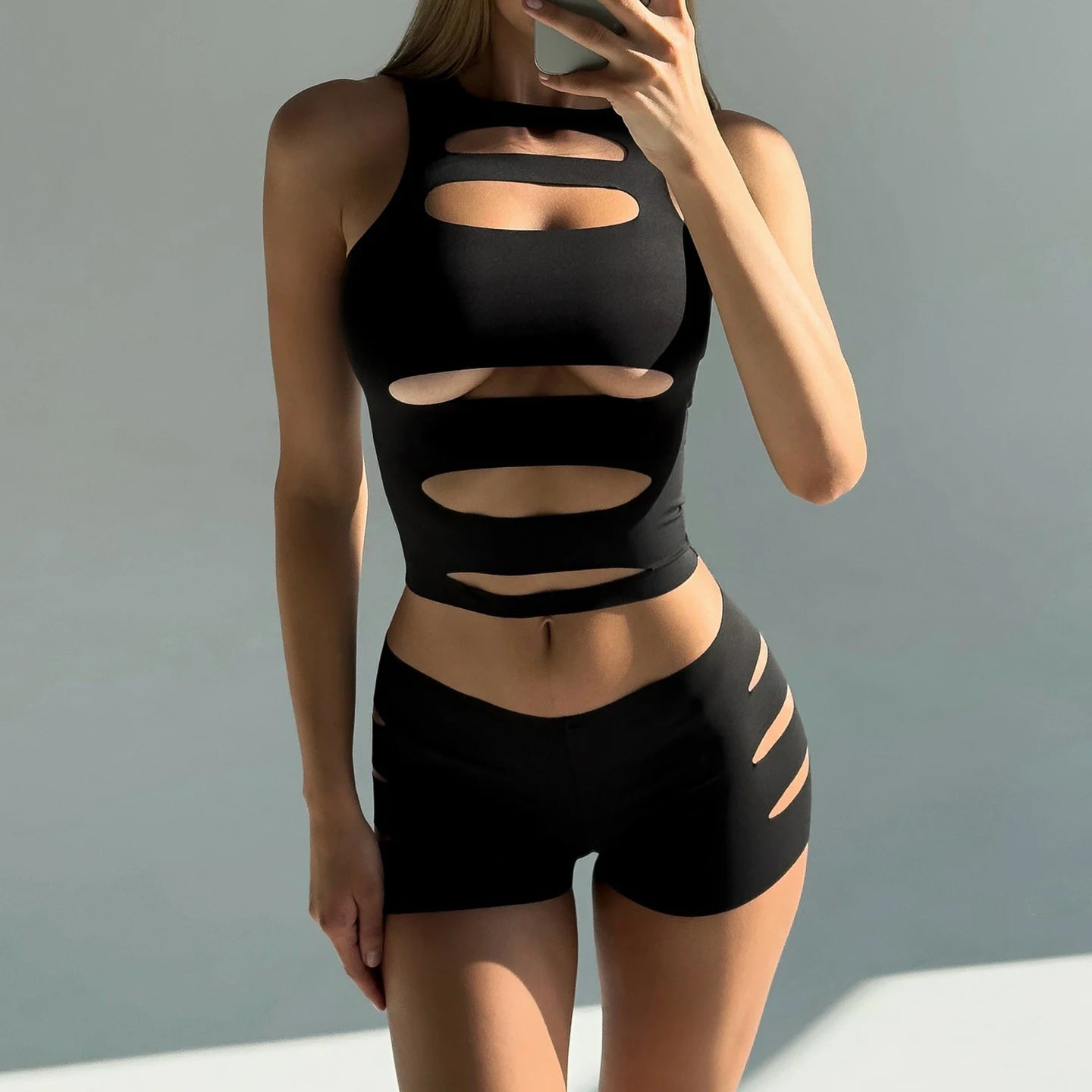 Womens Sexy Two Piece Shorts Set Hollow Out Crop Top and Low Waist Shorts Slim Fit Clubwear Outfit