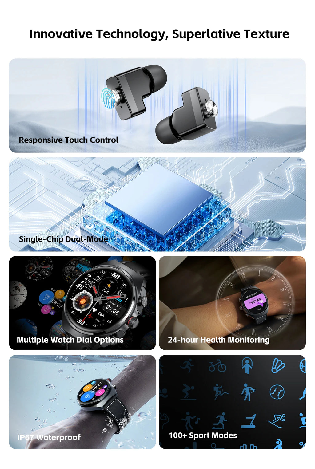2 In 1 TWS Earphones Smart Watch Waterproof Wireless Bluetooth Headset Call Health Blood Pressure Sports Music Smartwatch