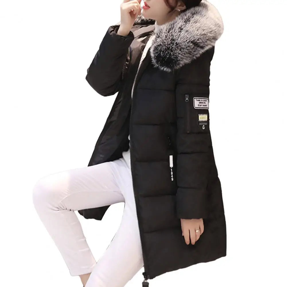 Womens Winter Parka Long Coat Hooded Down Cotton Jacket with Fur Collar Warm Fashion Outerwear