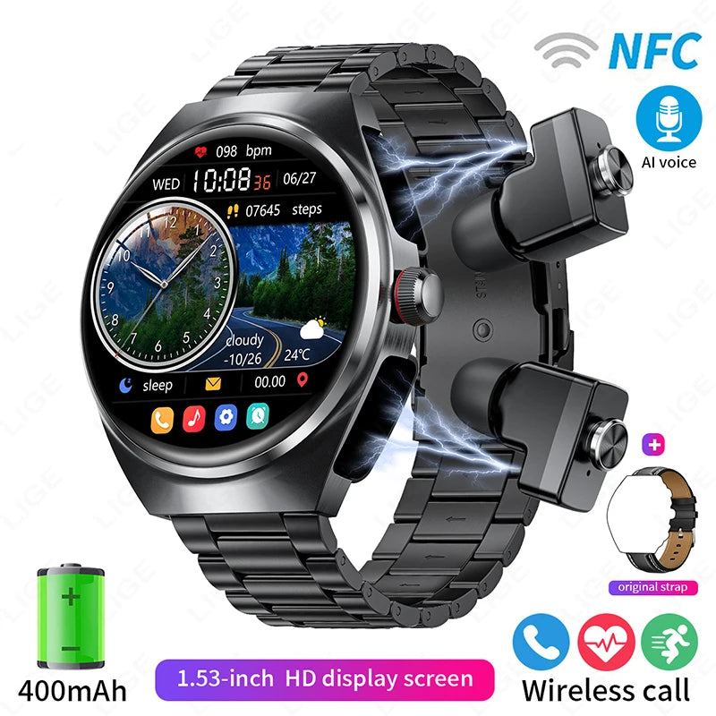 2 In 1 TWS Earphones Smart Watch Waterproof Wireless Bluetooth Headset Call Health Blood Pressure Sports Music Smartwatch