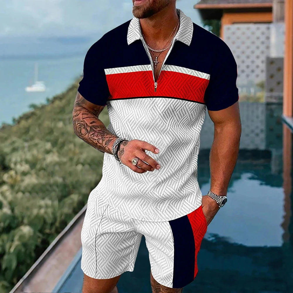 Men Tracksuit Set Summer Short Sleeve Polo Shirt and Shorts Set Casual Streetwear 2 Piece Outfit