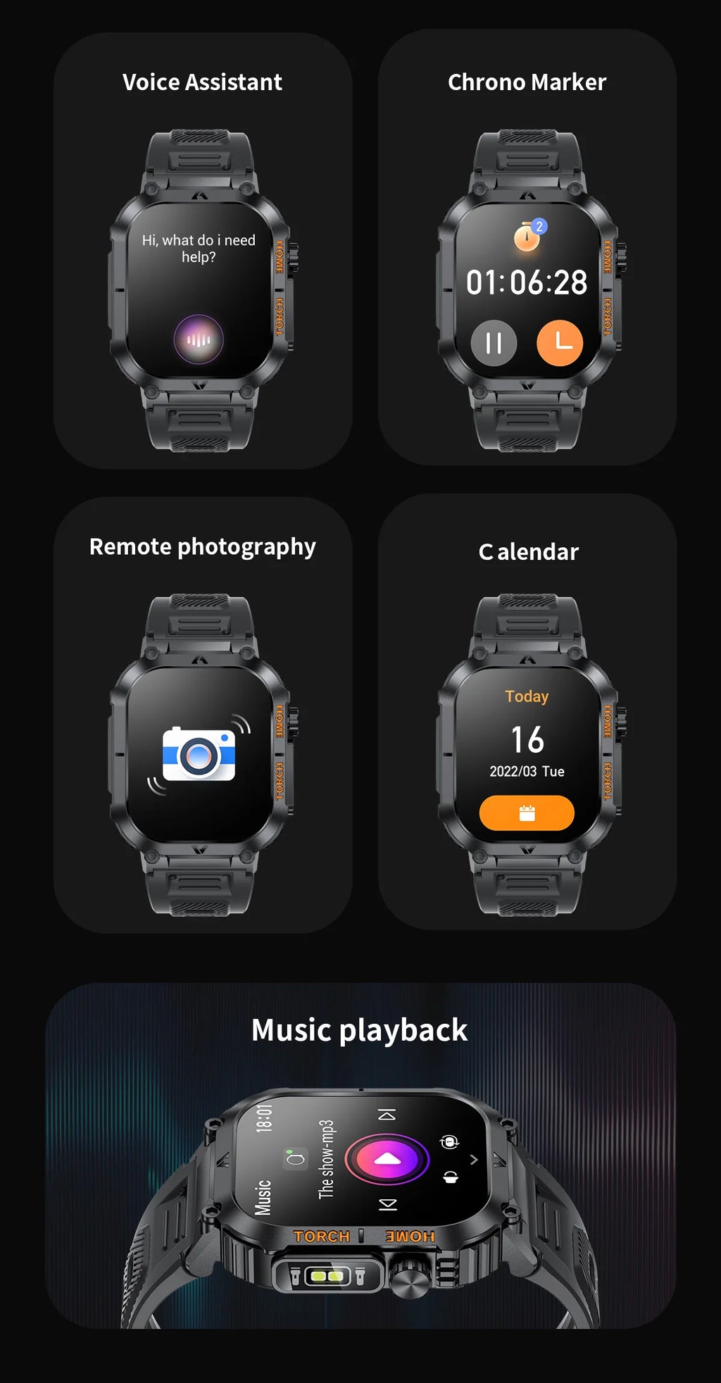 Rugged And Durable Military Smart Watch Ip68 Waterproof 2.02 ''HD Display Bluetooth Voice Smart Watch With Flashlight 2024 New