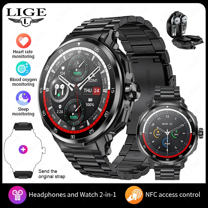 2 in 1 Smart Watch with Wireless Earbuds Bluetooth Calling NFC Health Monitor Fitness Tracker Smartwatch for Android and iOS