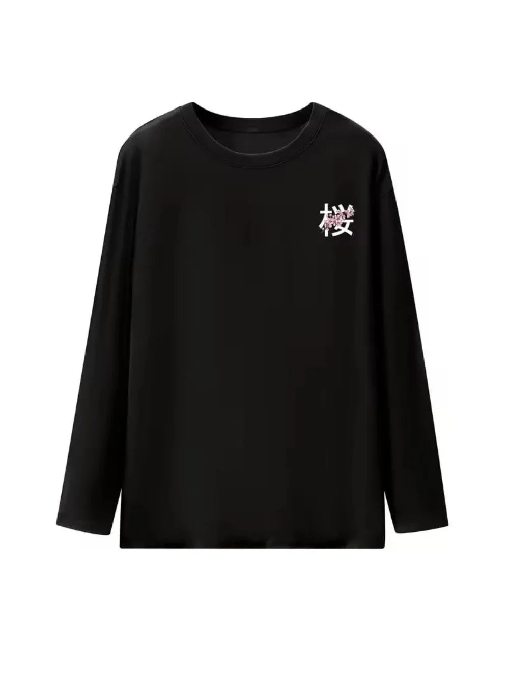 Y2k Top Black Long Sleeved T Shirt Cherry Word Blossom Print Artistic Graphic Pullover Men Women Casual Street Loose and Tops
