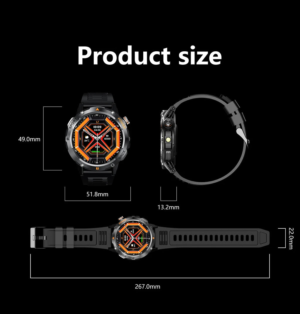 Tactical Outdoor Smart Watch with Flashlight Bluetooth Call Fitness Tracker for Android and iOS