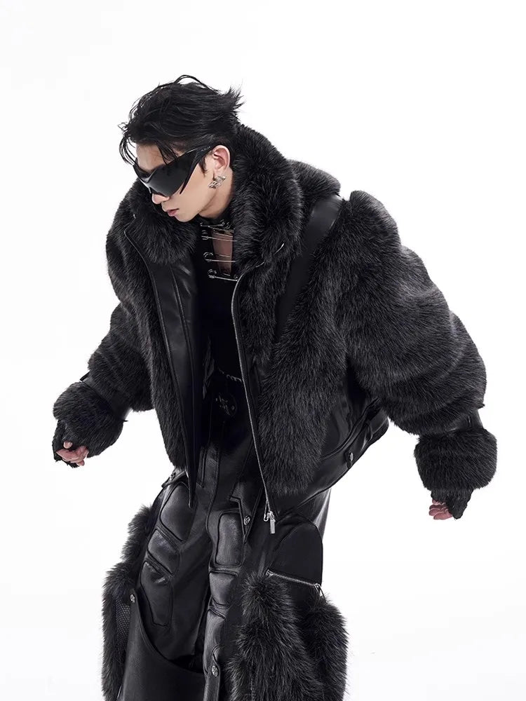 Autumn Winter Cool Handsome Thick Warm Patchwork Faux Fur Coat Men Luxury Designer Clothes Zip Up Fluffy Jacket 2025