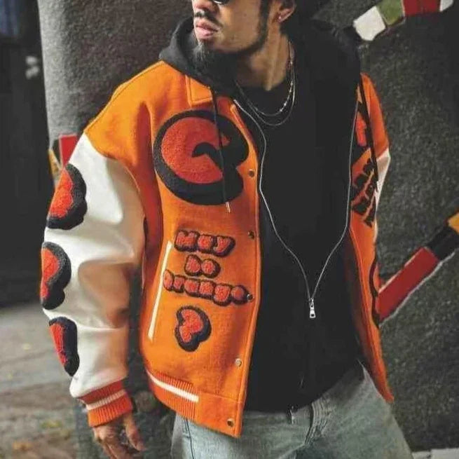 Varsity Jacket for Men PU Leather Sleeves Embroidered Baseball Jacket Streetwear College Style Outerwear