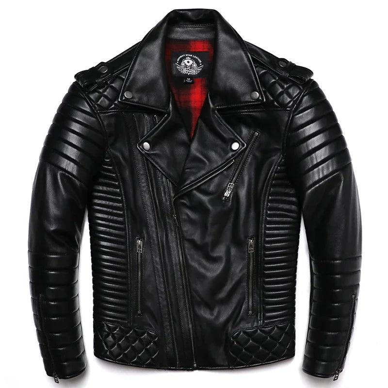 𝔑𝔢𝔴 Sheepskin Genuine Leather Jacket – Street Soldier Oblique Zipper Slim Motorcycle Coat