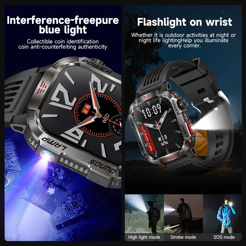 Military Outdoor Smart Watch for Men 600 mAh Battery Bluetooth Calling Fitness Tracker Blood Oxygen Monitor Waterproof Smartwatch for Android and iOS