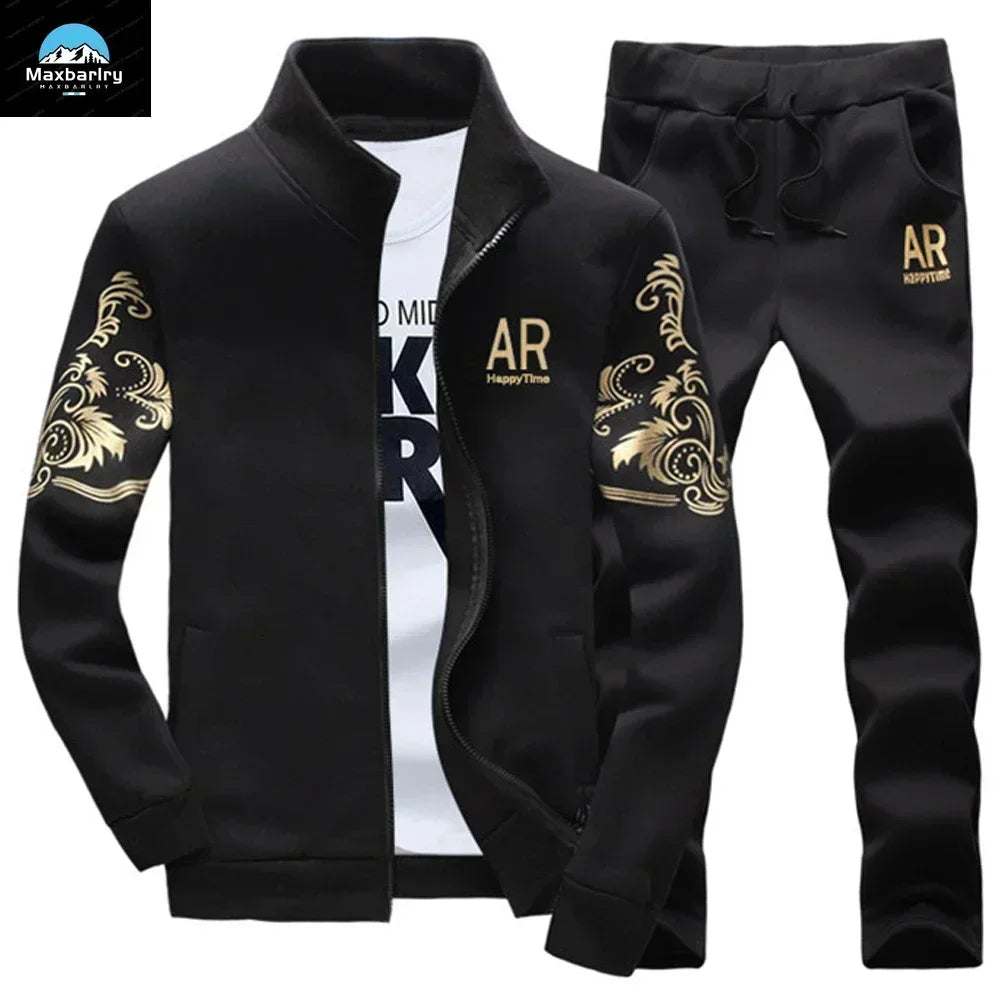 Mens Sports Suit Fleece Warm Jacket and Drawstring Pants Set Printed Fashion Tracksuit for Men