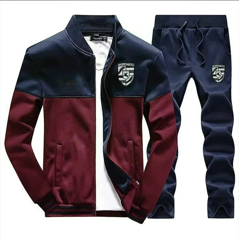 Mens Sports Suit Fleece Warm Jacket and Drawstring Pants Set Printed Fashion Tracksuit for Men