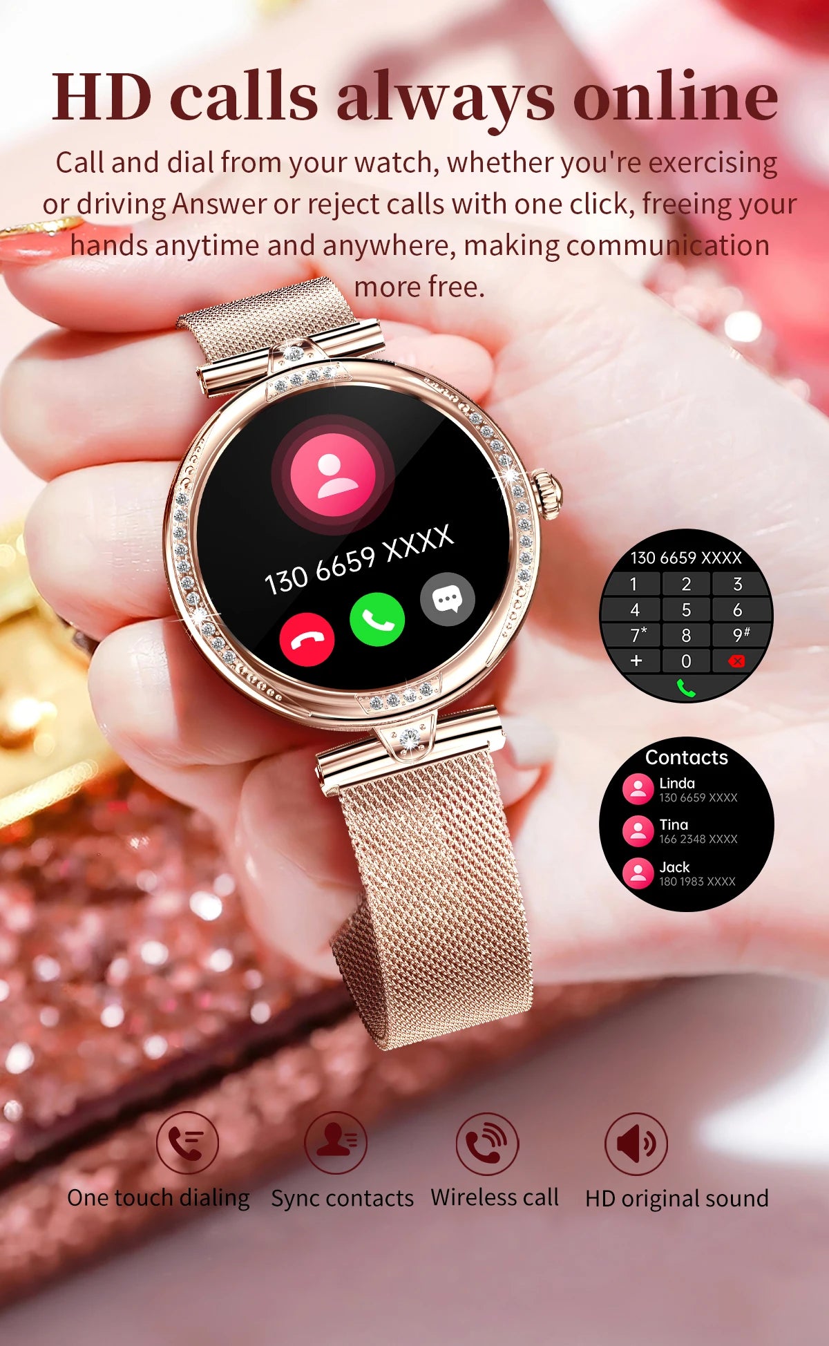 Fashion Smart Watch for Women 390 by 390 HD Display Bluetooth Voice Calling Heart Rate Monitor Custom Watch Face Smartwatch for Android and iOS