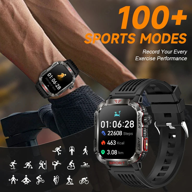 Military Outdoor Smart Watch for Men 600 mAh Battery Bluetooth Calling Fitness Tracker Blood Oxygen Monitor Waterproof Smartwatch for Android and iOS