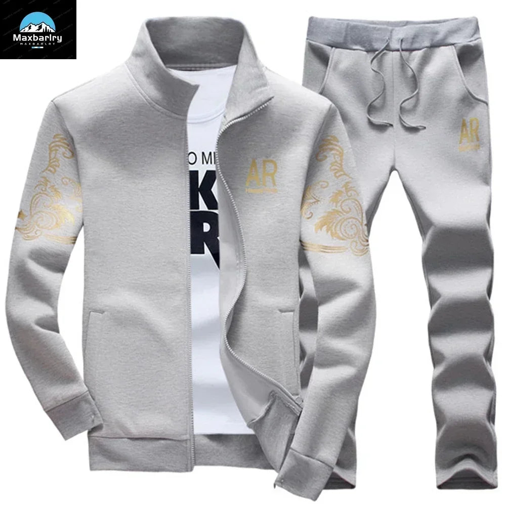 Mens Sports Suit Fleece Warm Jacket and Drawstring Pants Set Printed Fashion Tracksuit for Men