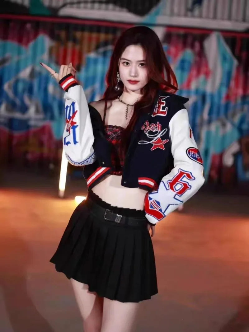Retro Y2K Women Baseball Jacket Hip Hop Punk Pilot Coat Streetwear Fashion Casual Trendy Jacket