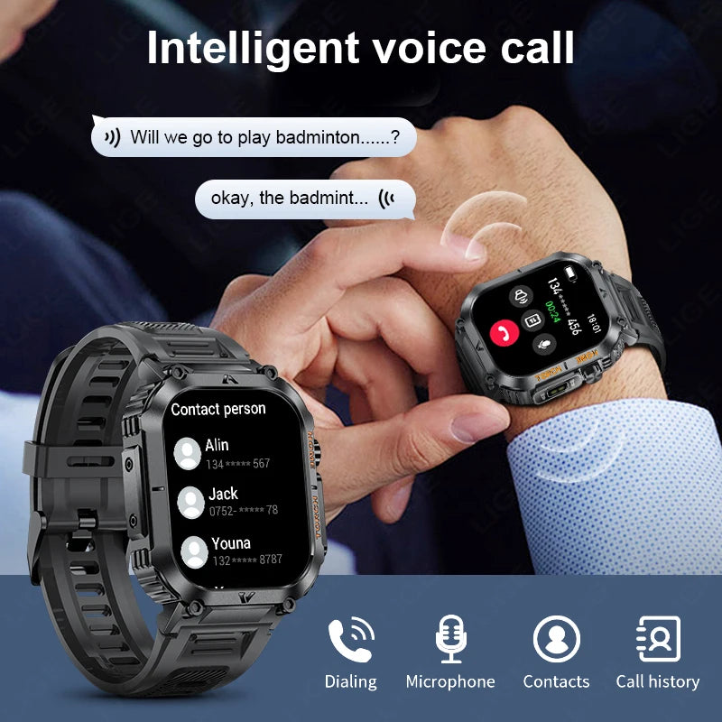 Rugged And Durable Military Smart Watch Ip68 Waterproof 2.02 ''HD Display Bluetooth Voice Smart Watch With Flashlight 2024 New