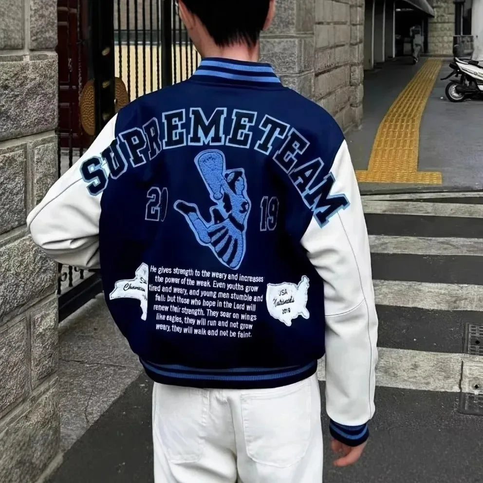 Varsity Jacket for Men PU Leather Sleeves Embroidered Baseball Jacket Streetwear College Style Outerwear