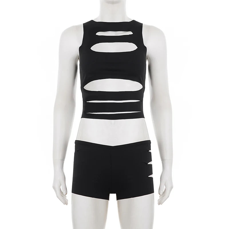 Womens Sexy Two Piece Shorts Set Hollow Out Crop Top and Low Waist Shorts Slim Fit Clubwear Outfit
