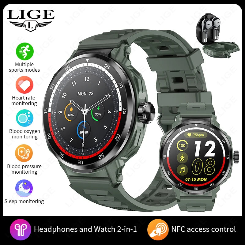 2 in 1 Smart Watch with Wireless Earbuds Bluetooth Calling NFC Health Monitor Fitness Tracker Smartwatch for Android and iOS