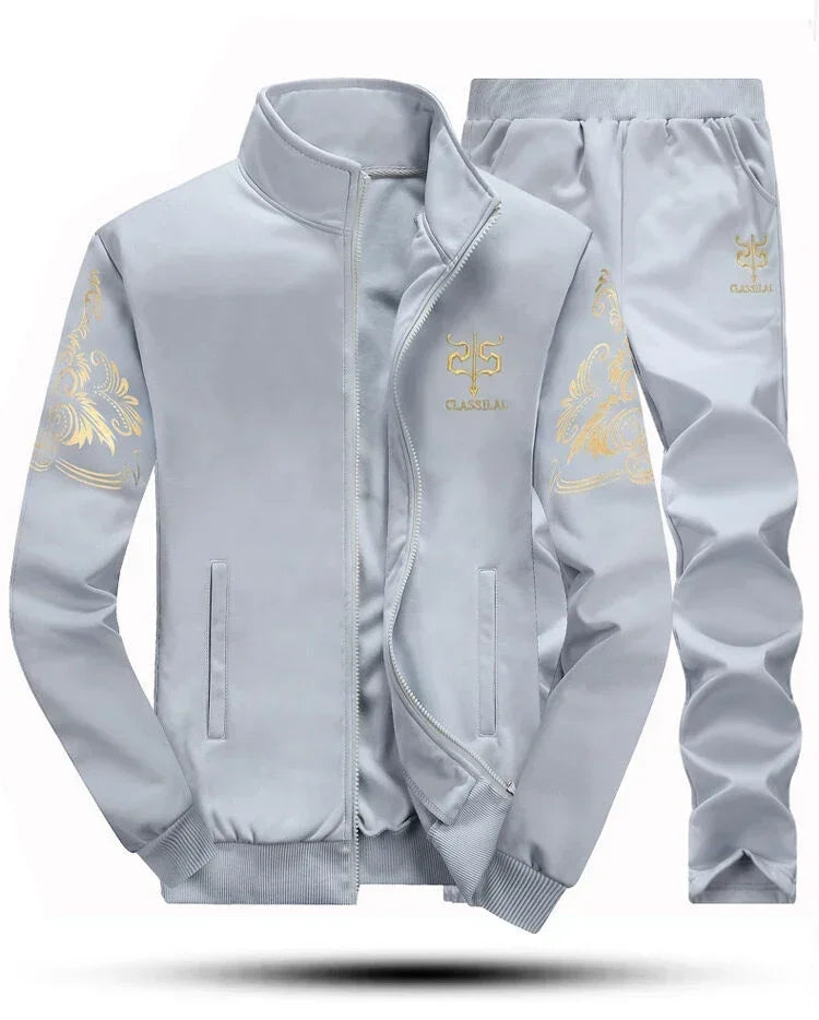 Mens Sports Suit Fleece Warm Jacket and Drawstring Pants Set Printed Fashion Tracksuit for Men