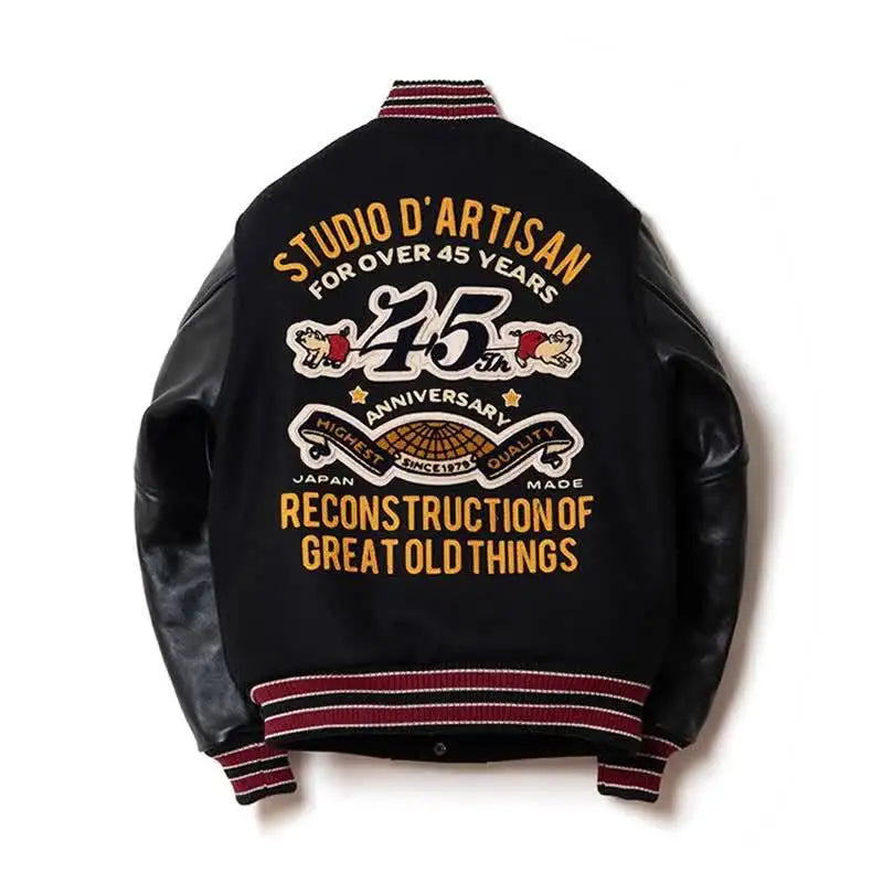 Varsity Jacket for Men PU Leather Sleeves Embroidered Baseball Jacket Streetwear College Style Outerwear