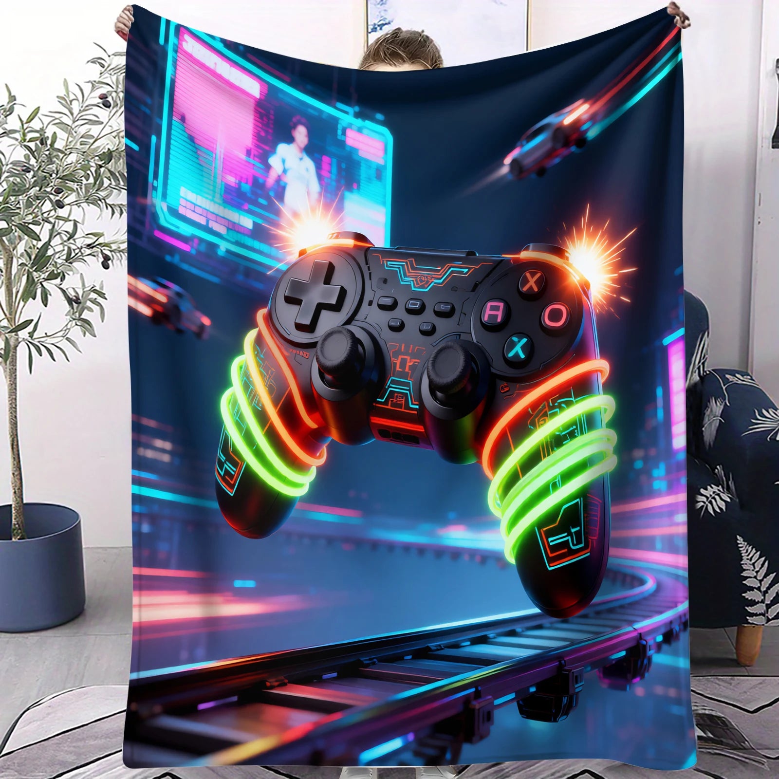 Cyberpunk Themed Gaming Controller Print Flannel Blanket for Adult Quality Soft Warm Universal Blanket for Travel Picnic Home