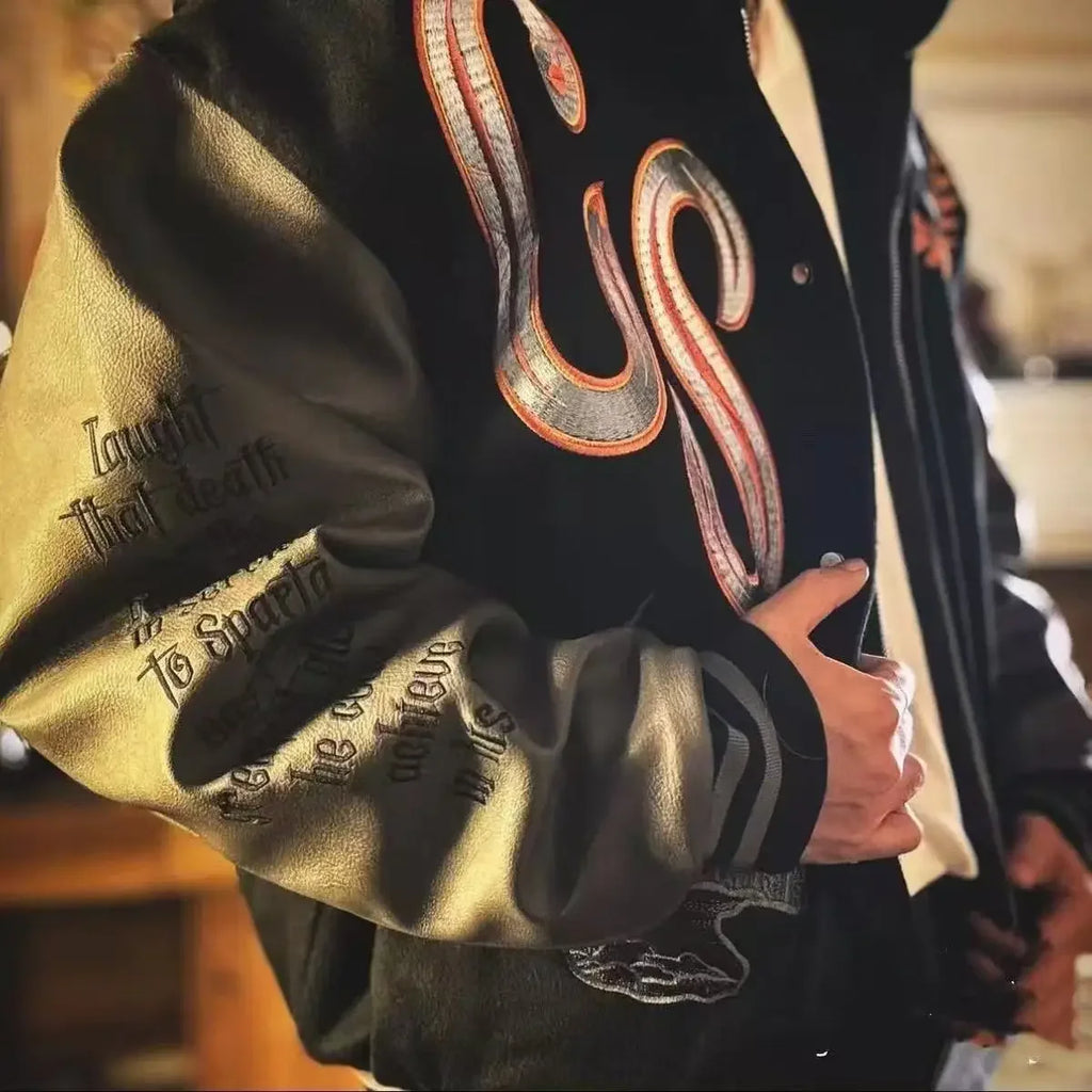 Varsity Jacket for Men PU Leather Sleeves Embroidered Baseball Jacket Streetwear College Style Outerwear