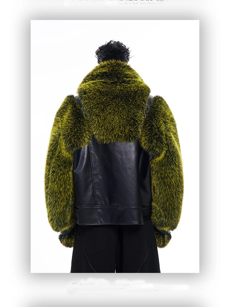 Autumn Winter Cool Handsome Thick Warm Patchwork Faux Fur Coat Men Luxury Designer Clothes Zip Up Fluffy Jacket 2025