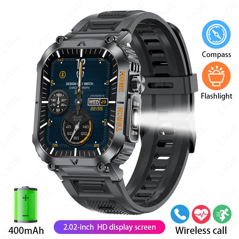 Rugged And Durable Military Smart Watch Ip68 Waterproof 2.02 ''HD Display Bluetooth Voice Smart Watch With Flashlight 2024 New