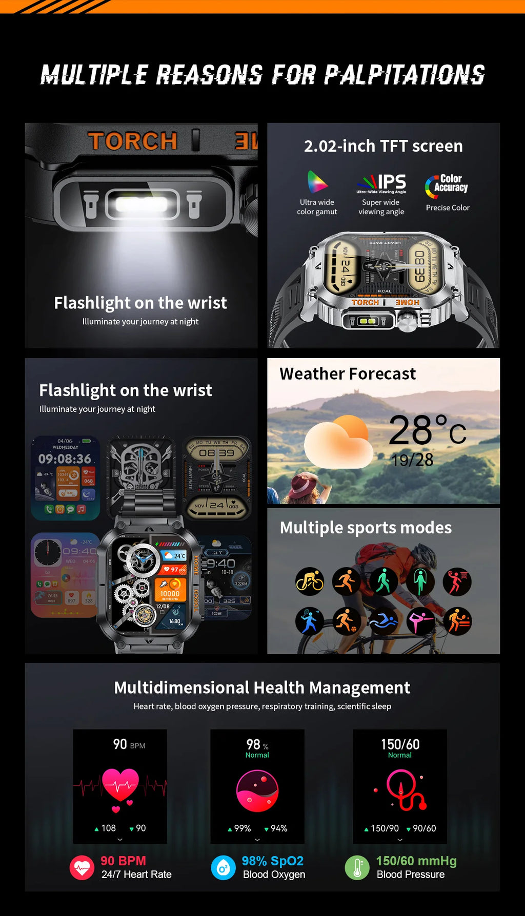 Rugged And Durable Military Smart Watch Ip68 Waterproof 2.02 ''HD Display Bluetooth Voice Smart Watch With Flashlight 2024 New