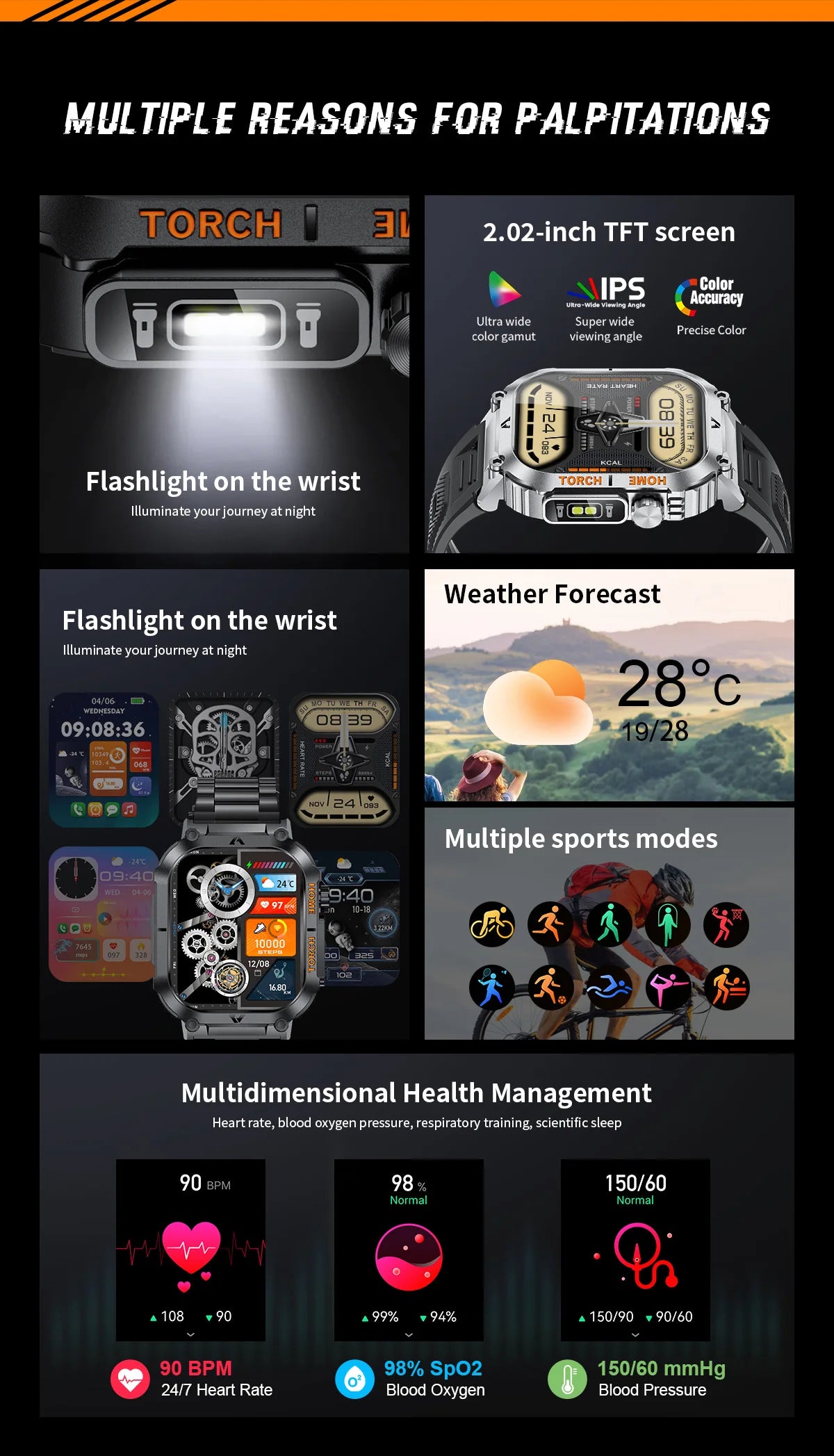 Rugged And Durable Military Smart Watch Ip68 Waterproof 2.02 ''HD Display Bluetooth Voice Smart Watch With Flashlight 2024 New