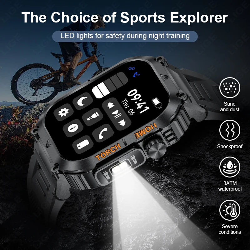 Rugged And Durable Military Smart Watch Ip68 Waterproof 2.02 ''HD Display Bluetooth Voice Smart Watch With Flashlight 2024 New