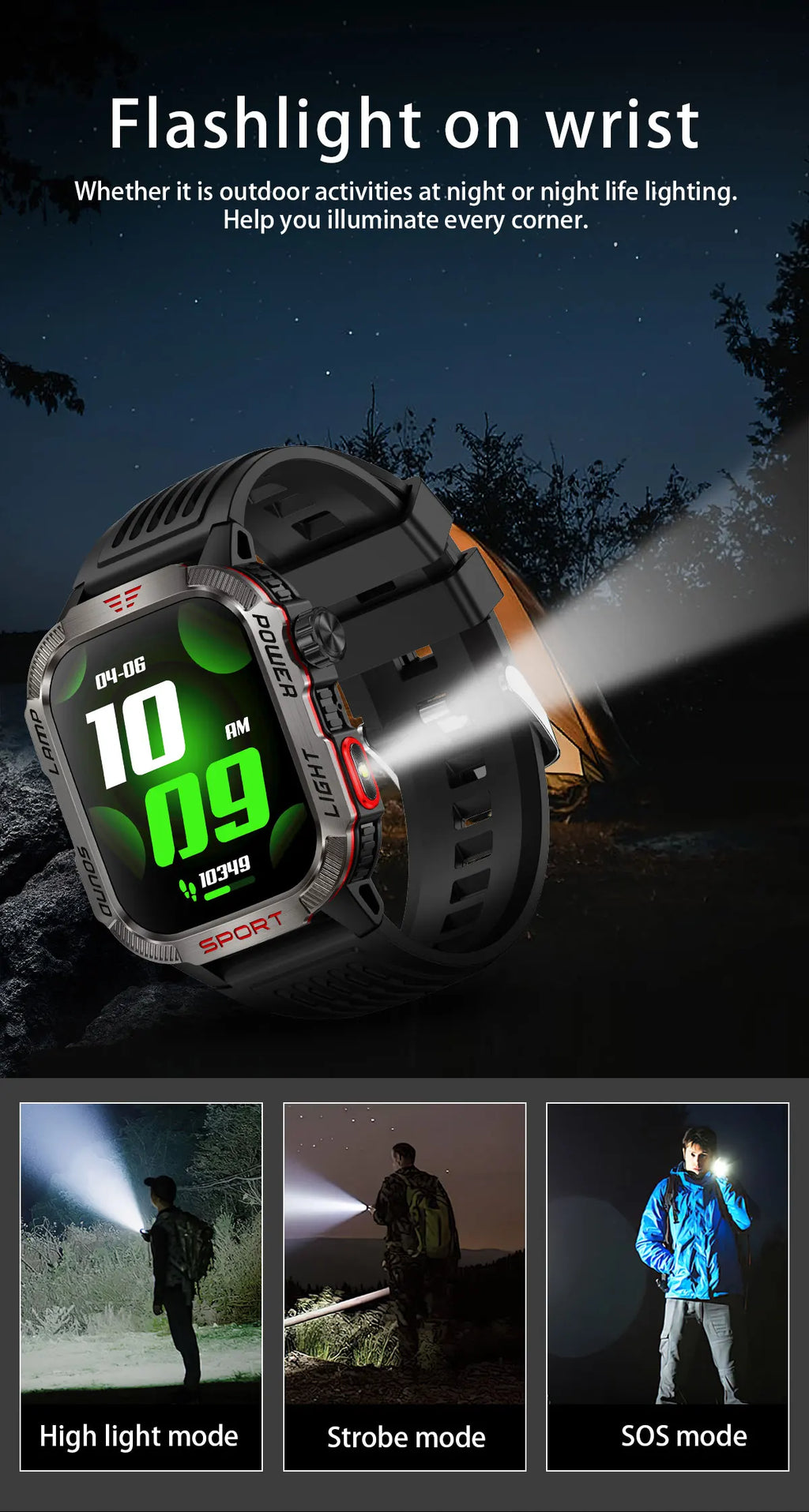 Military Outdoor Smart Watch for Men 600 mAh Battery Bluetooth Calling Fitness Tracker Blood Oxygen Monitor Waterproof Smartwatch for Android and iOS