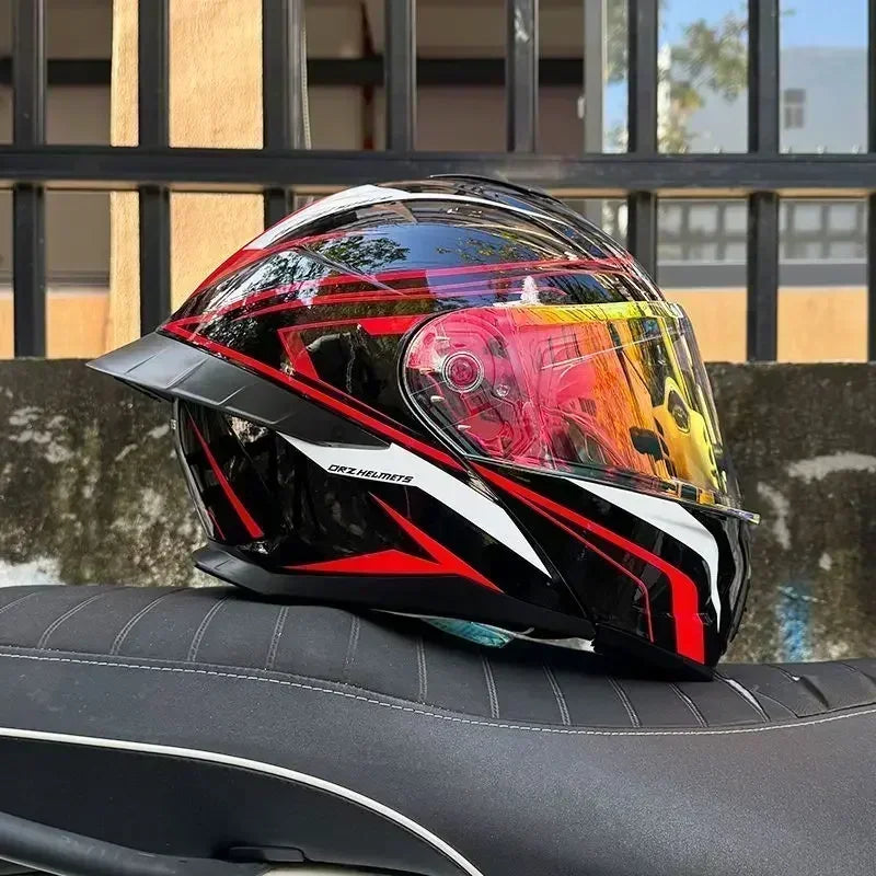 Bad Boy Flip Up Motorcycle Helmet Face Dual Visor Double Mirror Racing Helmet with Night Vision Lens for All Season Riding