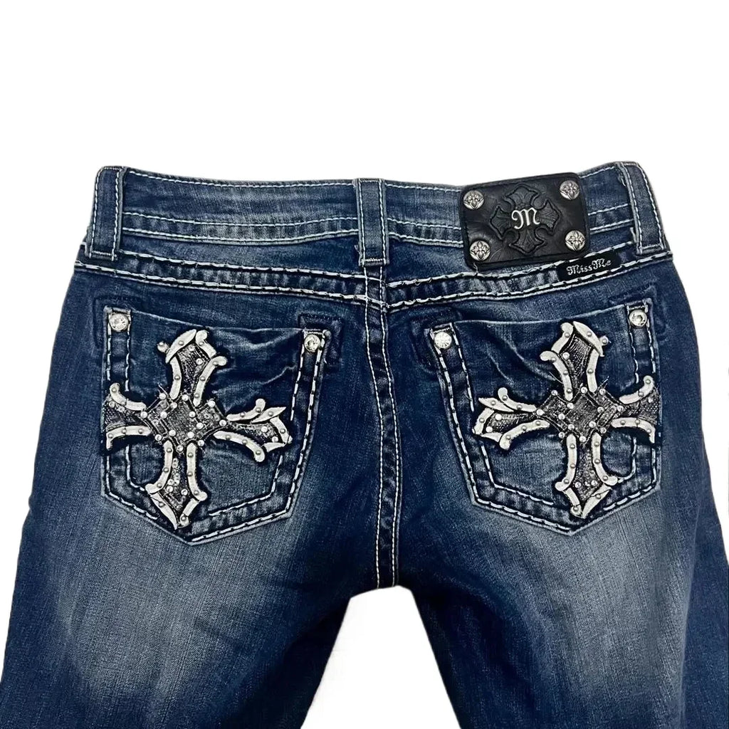 Y2K New Gothic Revival Mens Jeans Foliage Bootcut Women Blue Denim Embroidery Pocket Hip Hop Harajuku Wide Pants Streetwear