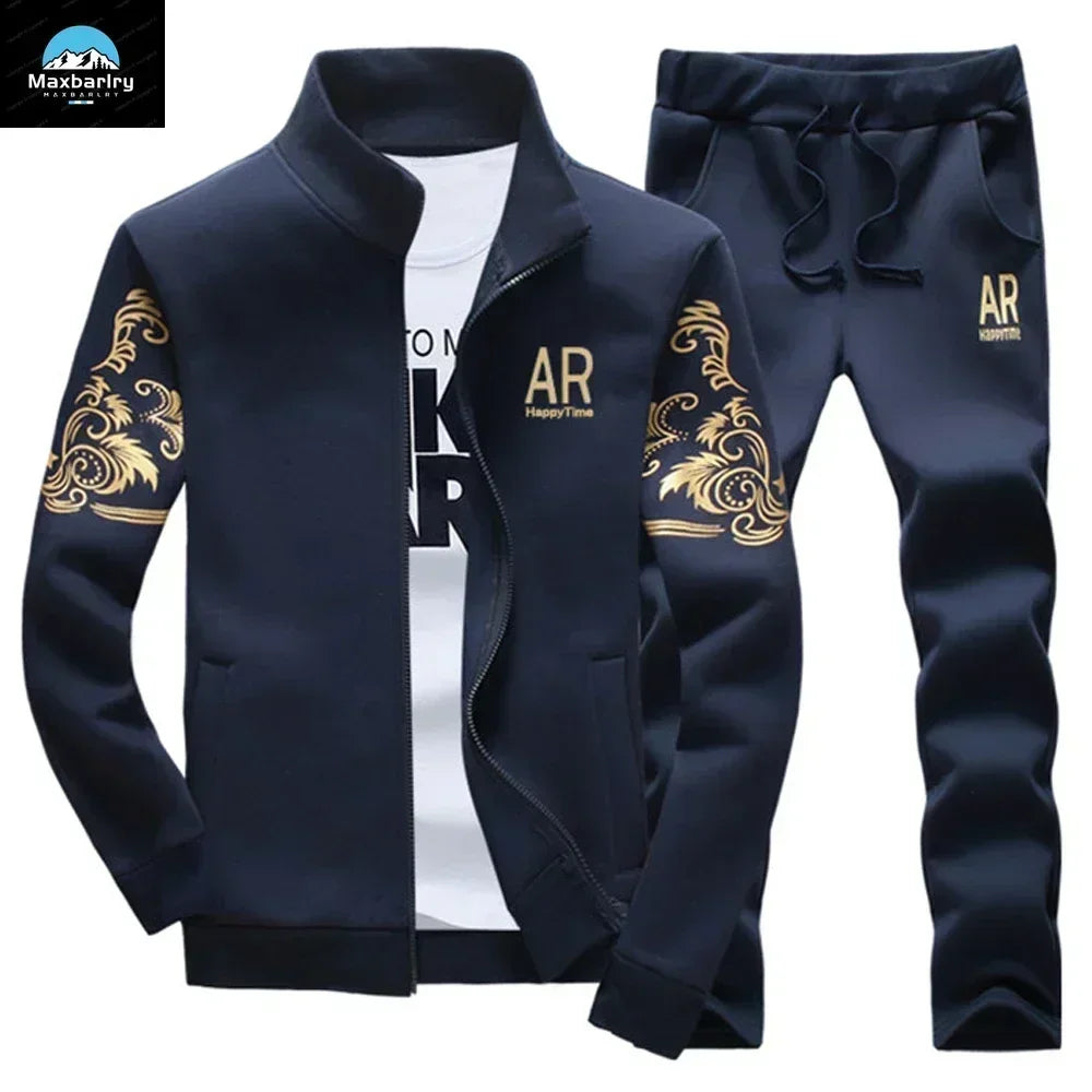 Mens Sports Suit Fleece Warm Jacket and Drawstring Pants Set Printed Fashion Tracksuit for Men
