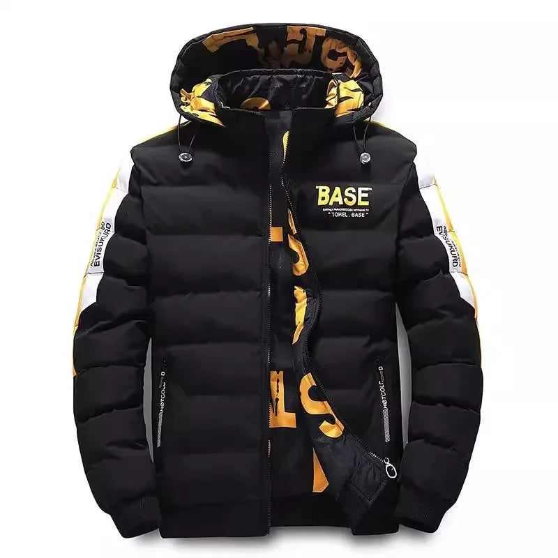𝔐𝔢𝔫 Autumn Winter Cotton Jacket – Base in UR Face Warm Thickened Double-Sided Down Coat with Removable Cap