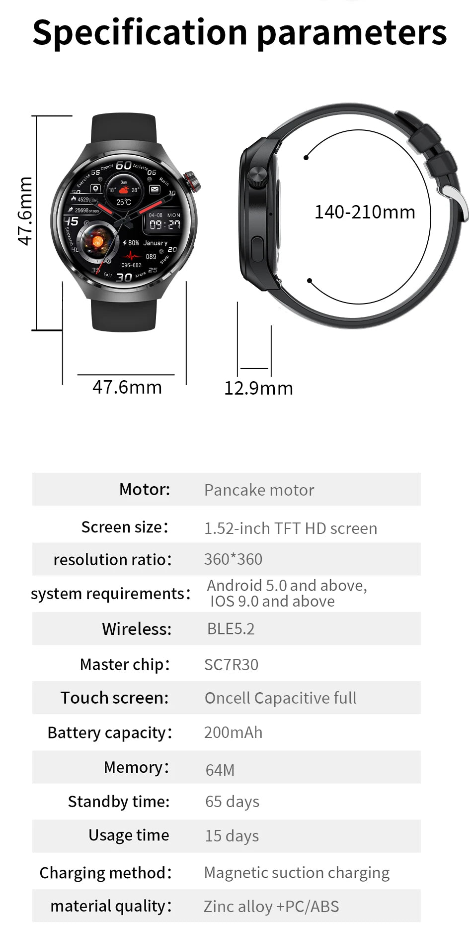 1.52 Inch Display Smart Watch for Men Bluetooth Calling Fitness and Health Tracker Waterproof Sport Smartwatch for Android and iOS Phones