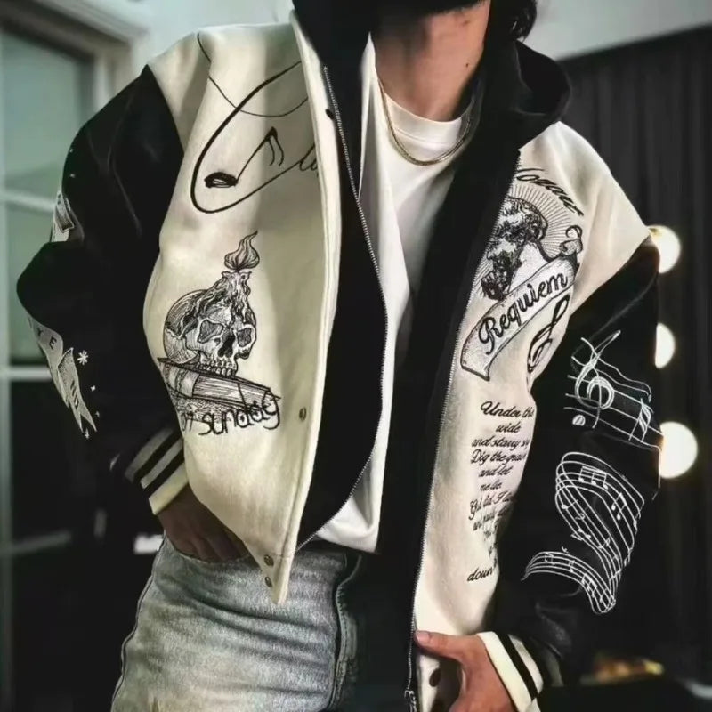 Varsity Jacket for Men PU Leather Sleeves Embroidered Baseball Jacket Streetwear College Style Outerwear