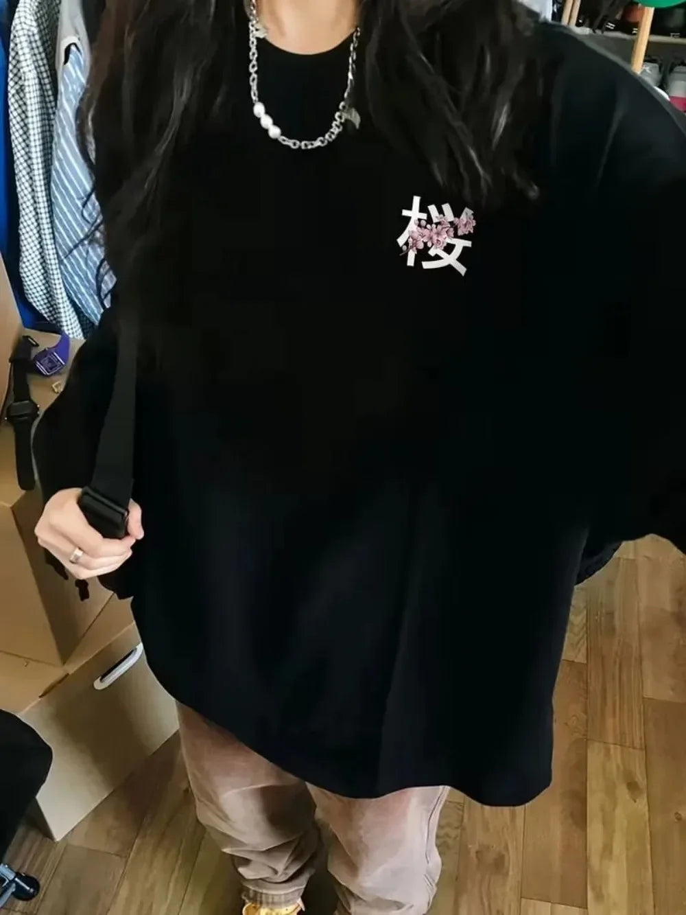 Y2k Top Black Long Sleeved T Shirt Cherry Word Blossom Print Artistic Graphic Pullover Men Women Casual Street Loose and Tops