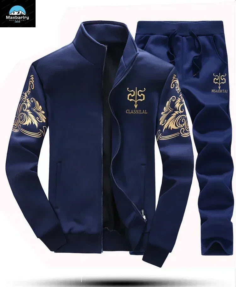 Mens Sports Suit Fleece Warm Jacket and Drawstring Pants Set Printed Fashion Tracksuit for Men